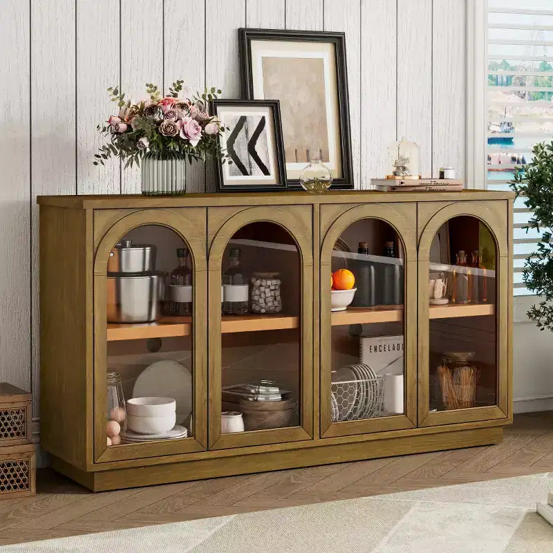 Buffet d'appoint en verre cintré moderne, Meuble console TV avec étagère réglable, Système d'ouverture par pression - Panipeachy