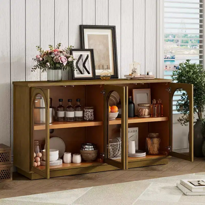 Buffet d'appoint en verre cintré moderne, Meuble console TV avec étagère réglable, Système d'ouverture par pression - Panipeachy