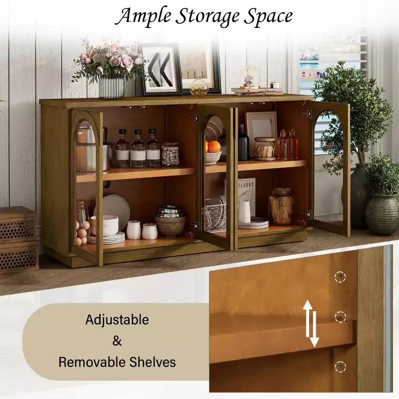 Buffet d'appoint en verre cintré moderne, Meuble console TV avec étagère réglable, Système d'ouverture par pression - Panipeachy