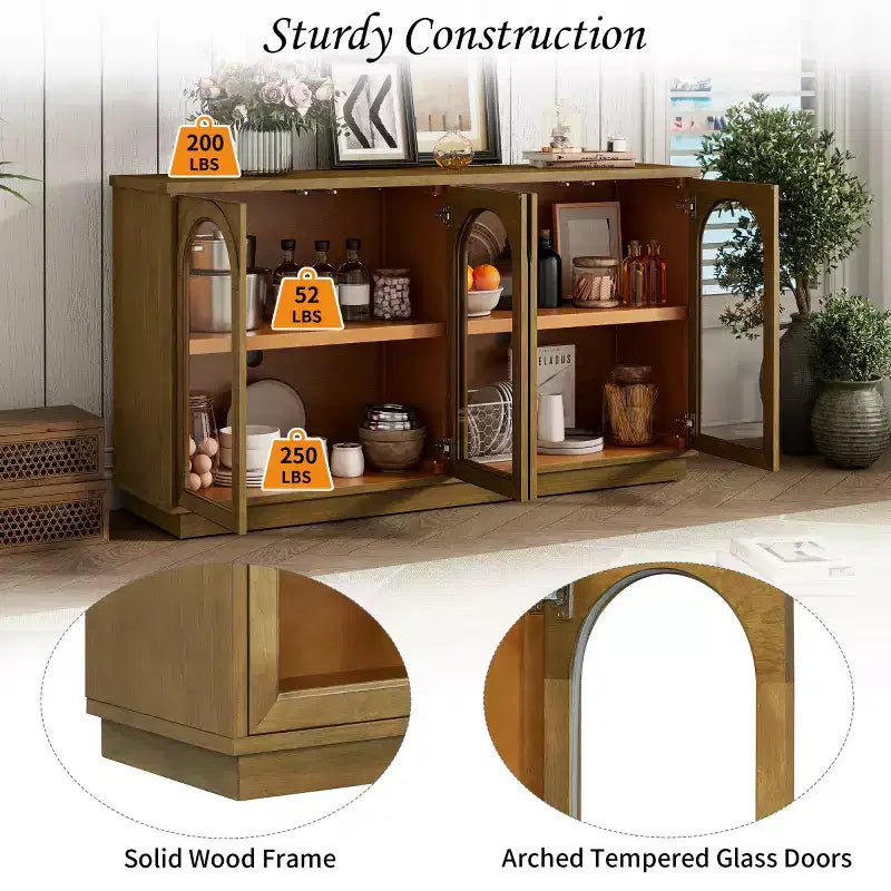 Buffet d'appoint en verre cintré moderne, Meuble console TV avec étagère réglable, Système d'ouverture par pression - Panipeachy