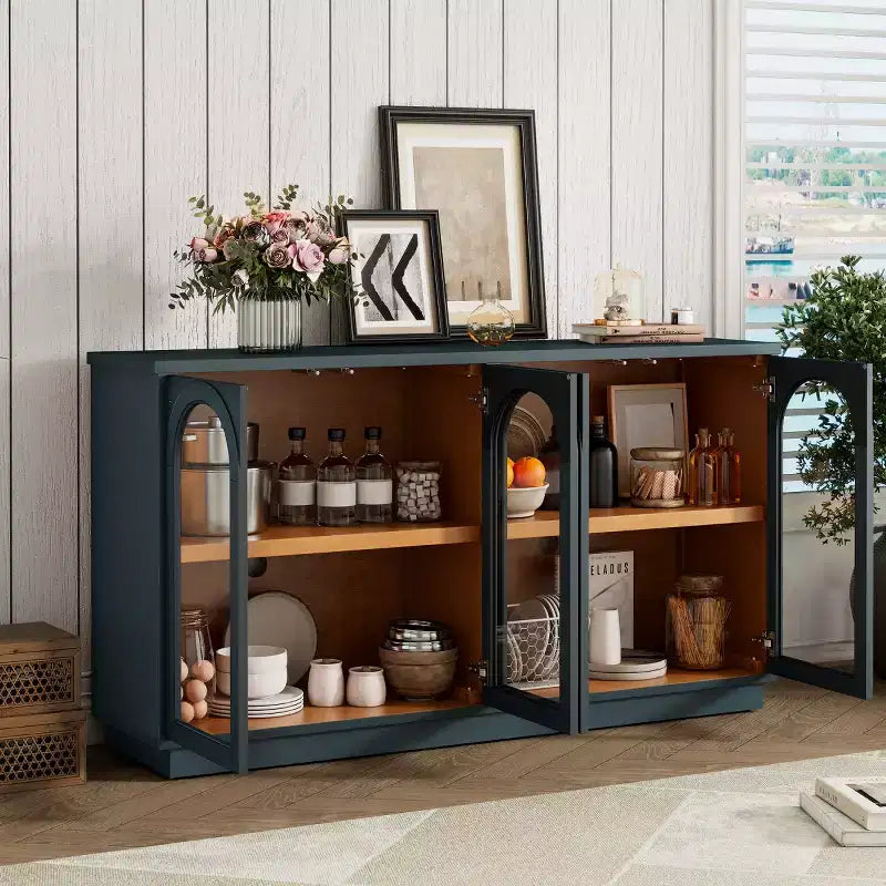 Buffet d'appoint en verre cintré moderne, Meuble console TV avec étagère réglable, Système d'ouverture par pression - Panipeachy