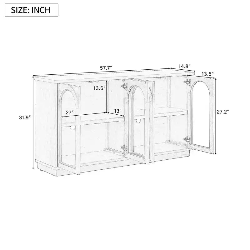 Buffet d'appoint en verre cintré moderne, Meuble console TV avec étagère réglable, Système d'ouverture par pression - Panipeachy