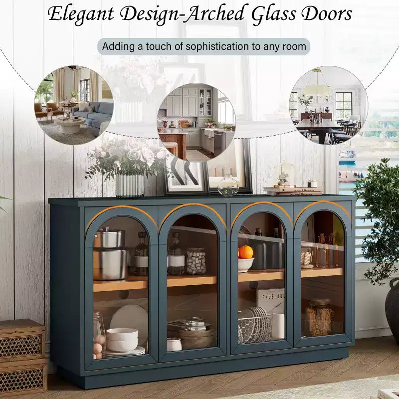 Buffet d'appoint en verre cintré moderne, Meuble console TV avec étagère réglable, Système d'ouverture par pression - Panipeachy