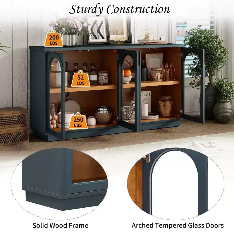 Buffet d'appoint en verre cintré moderne, Meuble console TV avec étagère réglable, Système d'ouverture par pression - Panipeachy