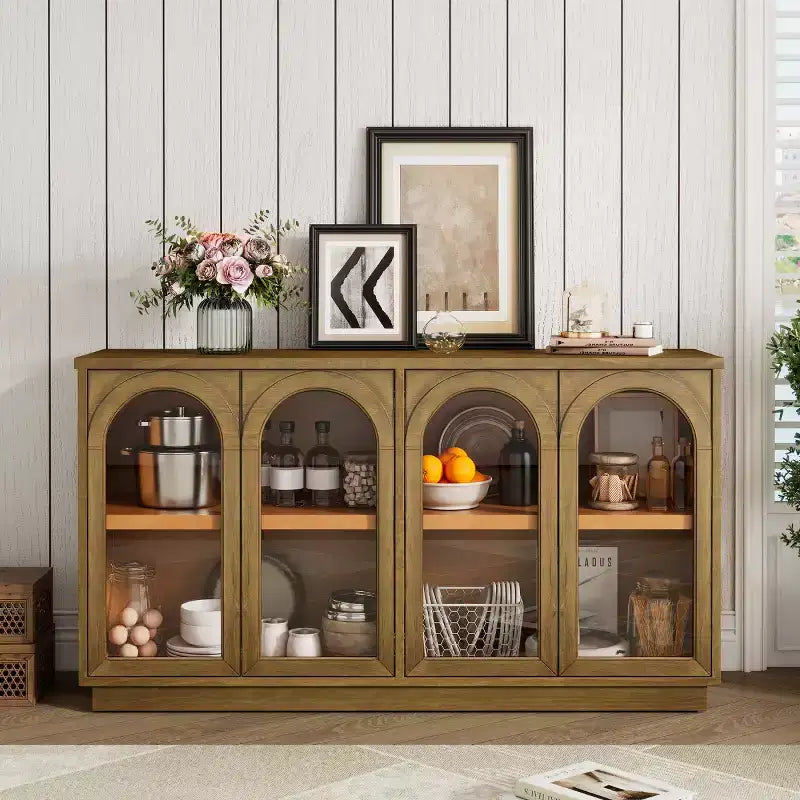 Buffet d'appoint en verre cintré moderne, Meuble console TV avec étagère réglable, Système d'ouverture par pression - Panipeachy