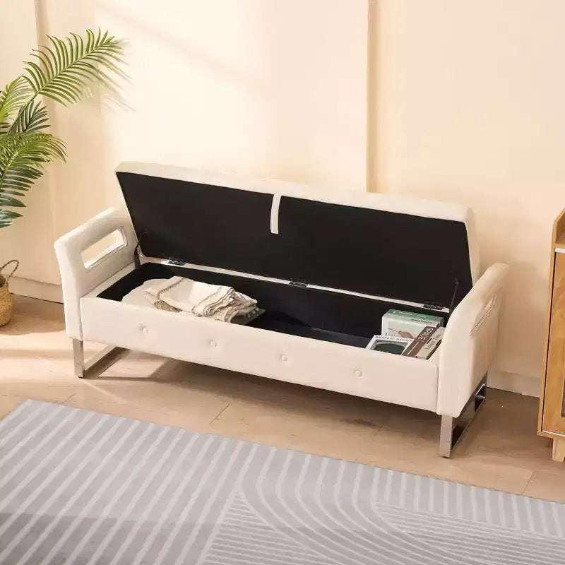 Banc de rangement moderne TUYOHW avec accoudoirs et pieds argentés, banc de bout de lit rembourré en velours, tabouret de coiffeuse pour salon, chambre, entrée