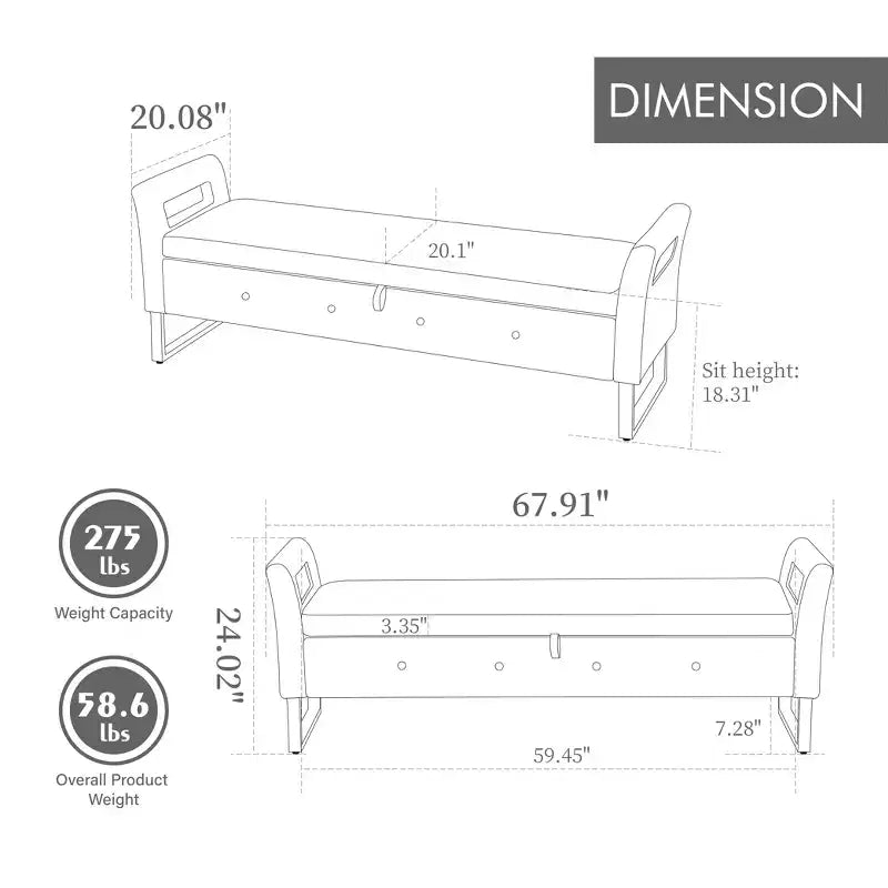 Banc de rangement moderne TUYOHW avec accoudoirs et pieds argentés, banc de bout de lit rembourré en velours, tabouret de coiffeuse pour salon, chambre, entrée