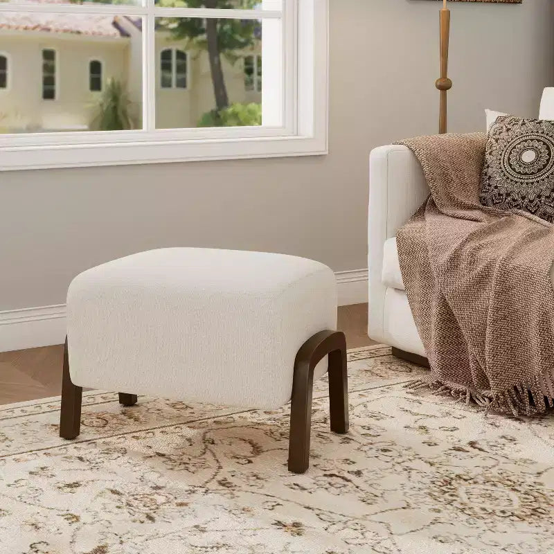 TUYOHW Modern Ottoman with Boucle Thick Upholstered Versatile Footstool with Wood Legs Small Shoe Bench for Living Room, Entryway, Bedroom, White