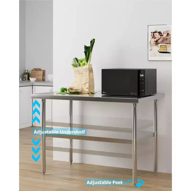 Table de travail en acier inoxydable avec étagère inférieure réglable - Table de préparation commerciale pour cuisine, restaurant, garage