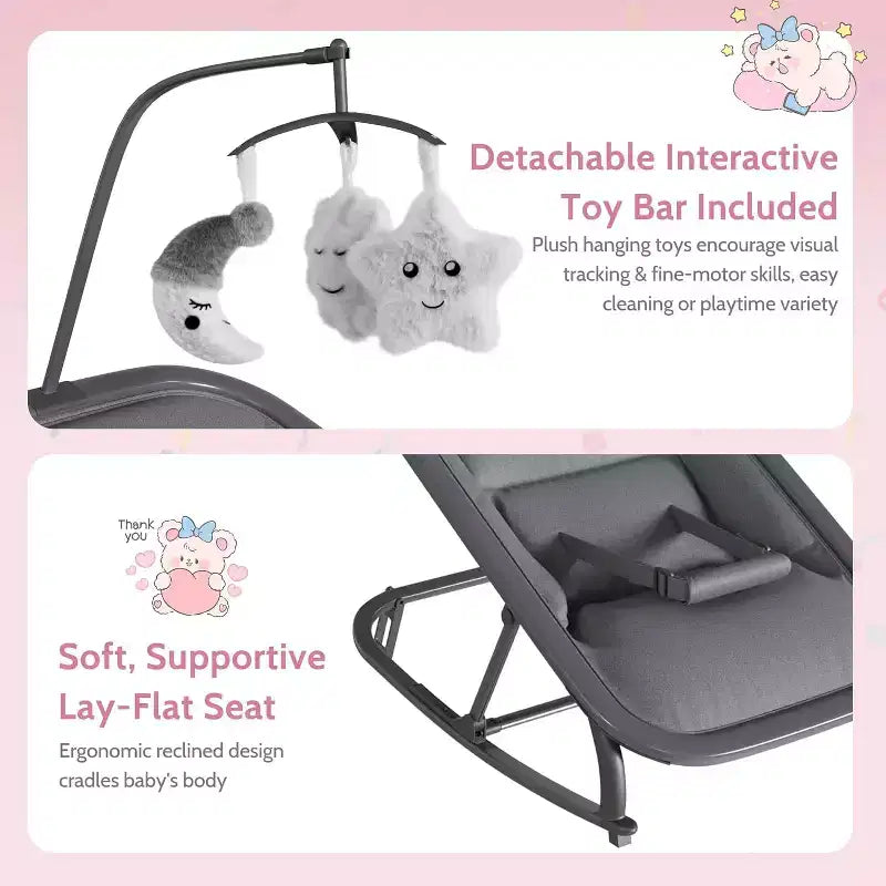 Transat/Berceau à bascule pour bébé avec harnais de sécurité et jouets suspendus, Poussette rembourrée noire douce pour nourrissons et tout-petards