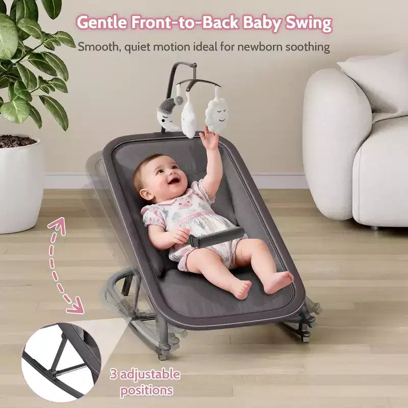 Transat/Berceau à bascule pour bébé avec harnais de sécurité et jouets suspendus, Poussette rembourrée noire douce pour nourrissons et tout-petards
