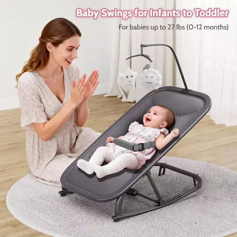 Transat/Berceau à bascule pour bébé avec harnais de sécurité et jouets suspendus, Poussette rembourrée noire douce pour nourrissons et tout-petards