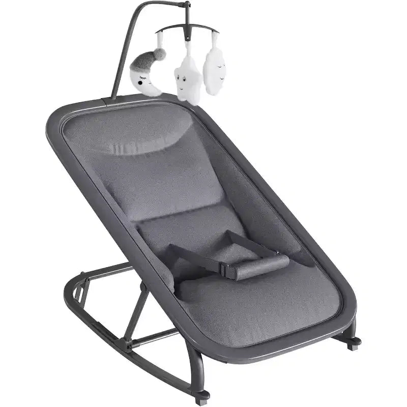 Transat/Berceau à bascule pour bébé avec harnais de sécurité et jouets suspendus, Poussette rembourrée noire douce pour nourrissons et tout-petards