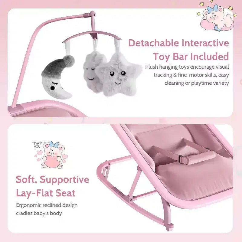 Transat/Berceau à bascule pour bébé avec harnais de sécurité et jouets suspendus, Poussette rembourrée noire douce pour nourrissons et tout-petards