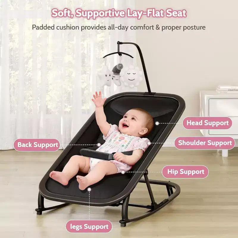 Transat/Berceau à bascule pour bébé avec harnais de sécurité et jouets suspendus, Poussette rembourrée noire douce pour nourrissons et tout-petards