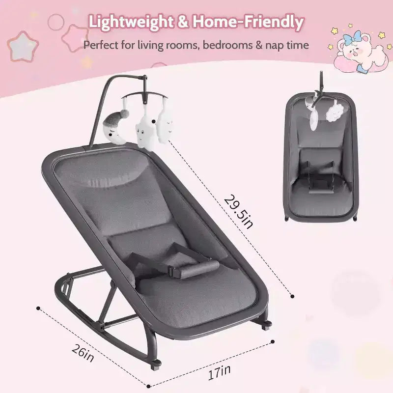 Transat/Berceau à bascule pour bébé avec harnais de sécurité et jouets suspendus, Poussette rembourrée noire douce pour nourrissons et tout-petards