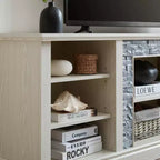 Meuble TV TUYOHW pour téléviseurs jusqu'à 75 pouces, console multimédia de style campagnard avec contour en fausse pierre empilée et étagères ouvertes