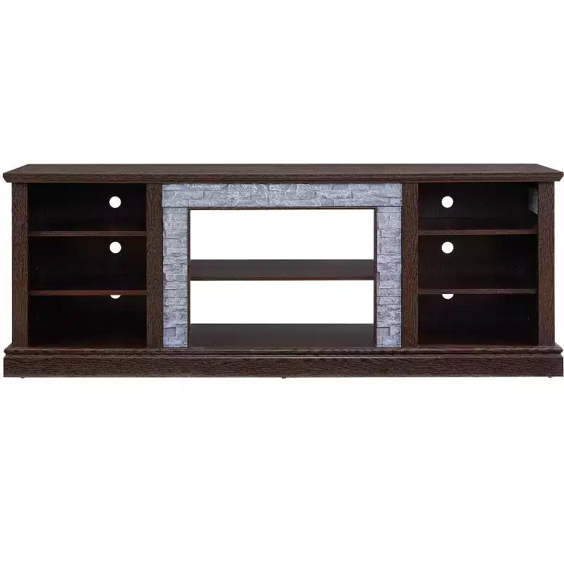 Meuble TV TUYOHW pour téléviseurs jusqu'à 75 pouces, console multimédia de style campagnard avec contour en fausse pierre empilée et étagères ouvertes