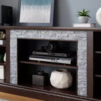 Meuble TV TUYOHW pour téléviseurs jusqu'à 75 pouces, console multimédia de style campagnard avec contour en fausse pierre empilée et étagères ouvertes
