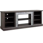 Meuble TV TUYOHW pour téléviseurs jusqu'à 75 pouces, console multimédia de style campagnard avec contour en fausse pierre empilée et étagères ouvertes