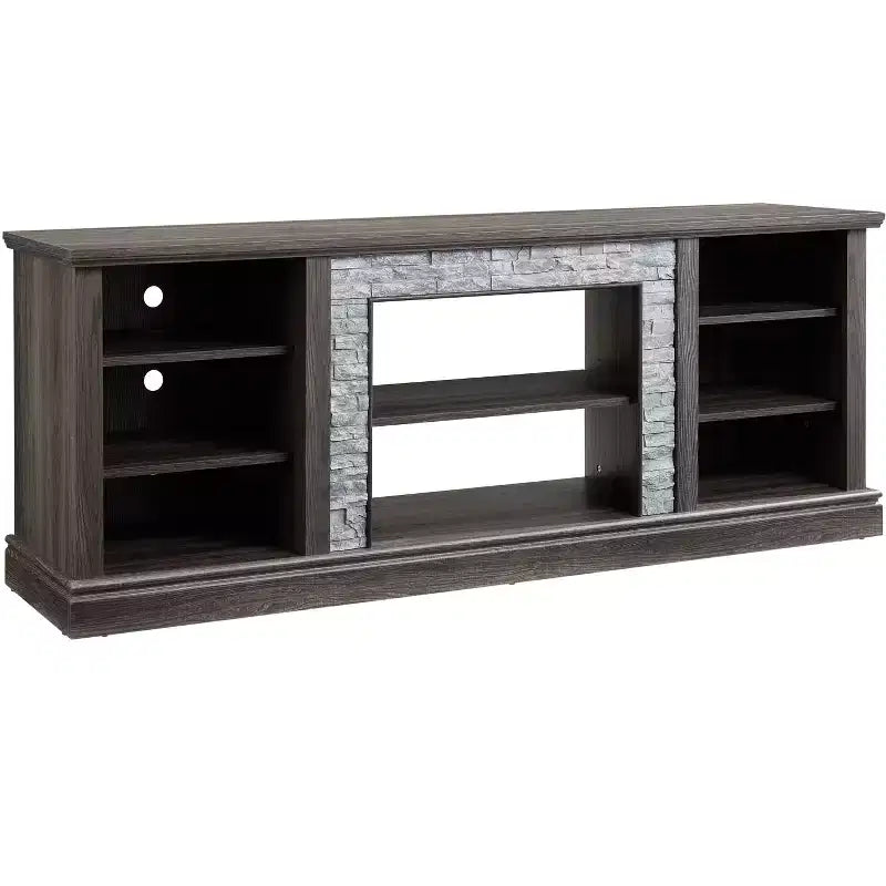 Meuble TV TUYOHW pour téléviseurs jusqu'à 75 pouces, console multimédia de style campagnard avec contour en fausse pierre empilée et étagères ouvertes