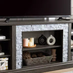 Meuble TV TUYOHW pour téléviseurs jusqu'à 75 pouces, console multimédia de style campagnard avec contour en fausse pierre empilée et étagères ouvertes