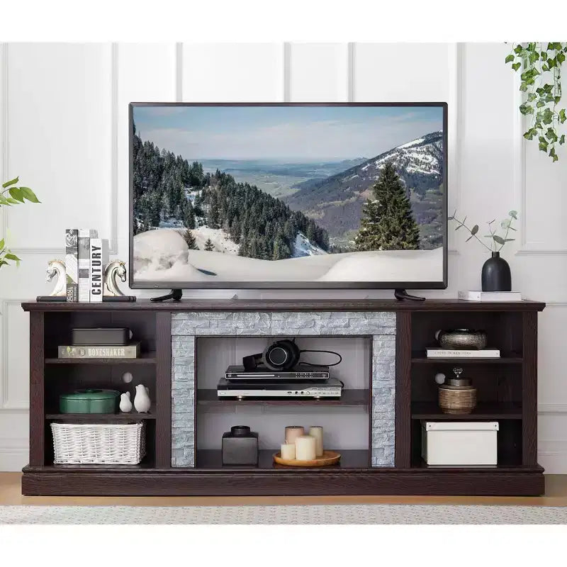 TUYOHW TV Stand for TVs up to 75 Inches,Farmhouse TV Media Console Table with Faux Stacked Stone Surround and Open Shelves