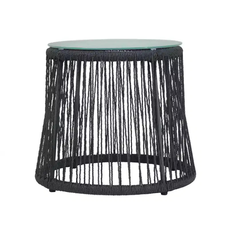 Table d'appoint en corde tressée avec plateau en verre trempé, petite table de chevet avec cadre en fer pour salon, patio, chambre