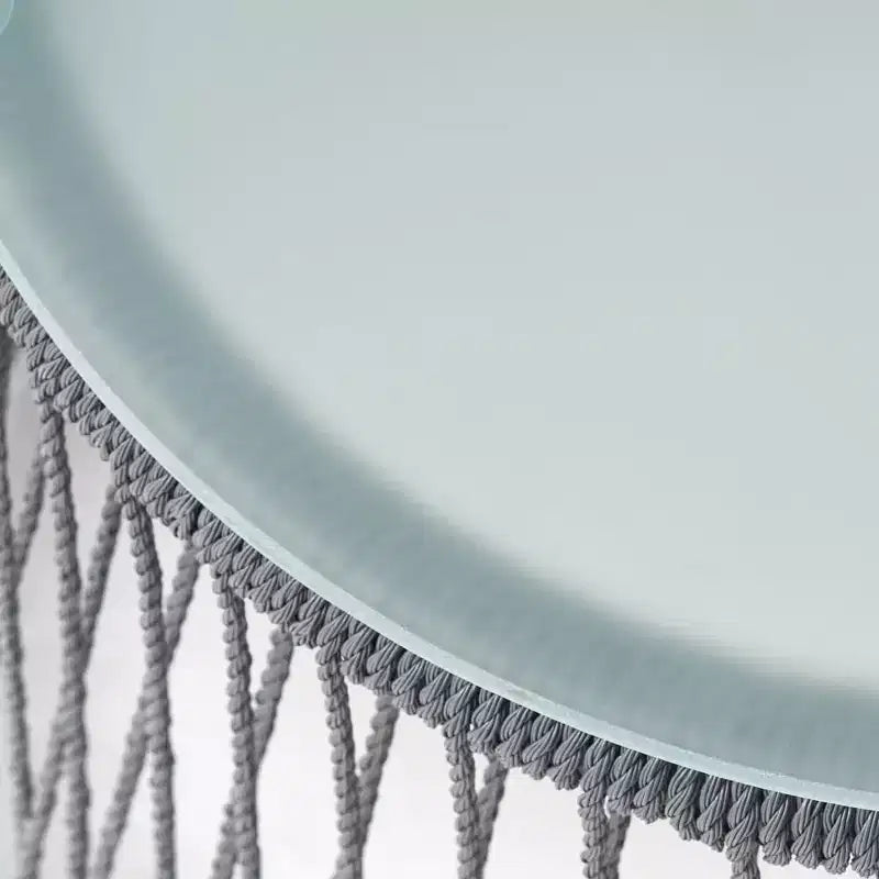 Table d'appoint en corde tressée avec plateau en verre trempé, petite table de chevet avec cadre en fer pour salon, patio, chambre