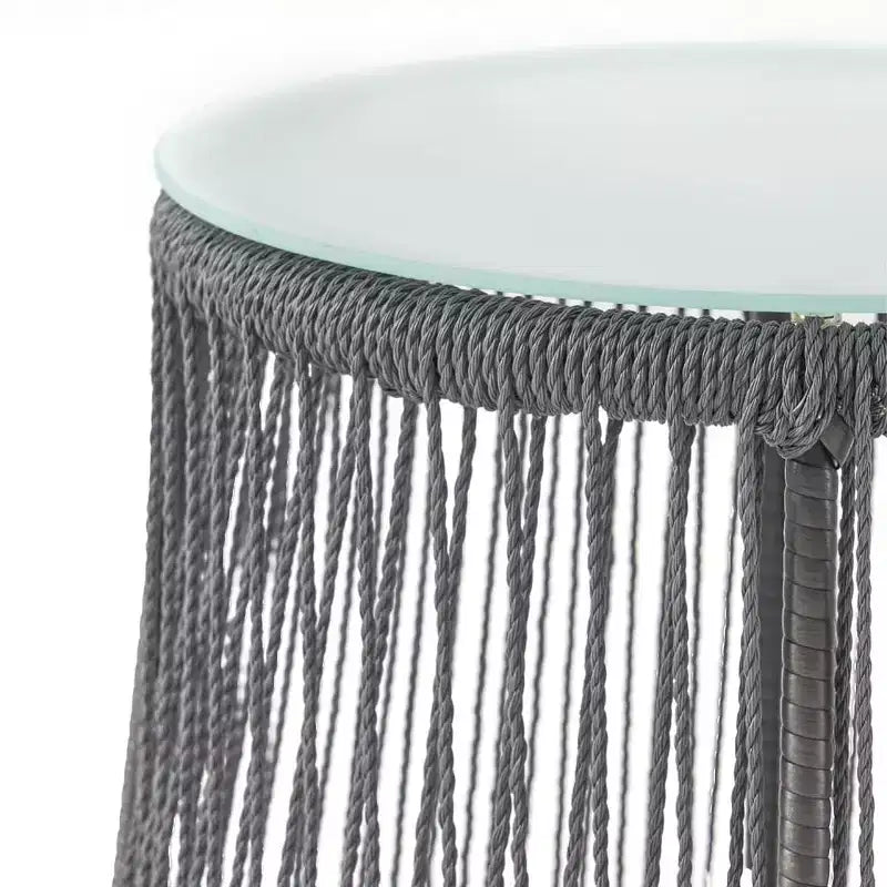 Table d'appoint en corde tressée avec plateau en verre trempé, petite table de chevet avec cadre en fer pour salon, patio, chambre