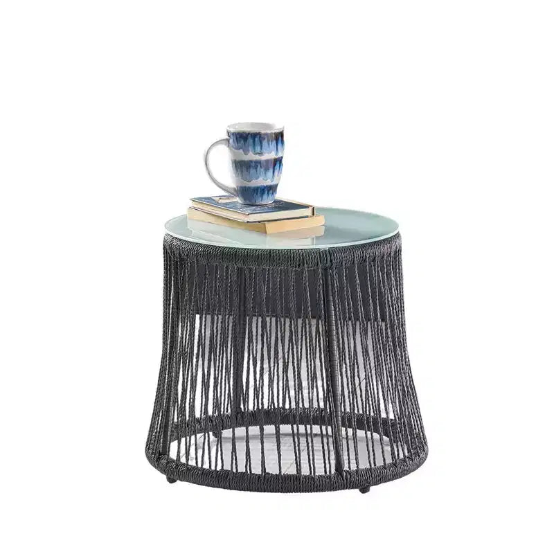 Table d'appoint en corde tressée avec plateau en verre trempé, petite table de chevet avec cadre en fer pour salon, patio, chambre