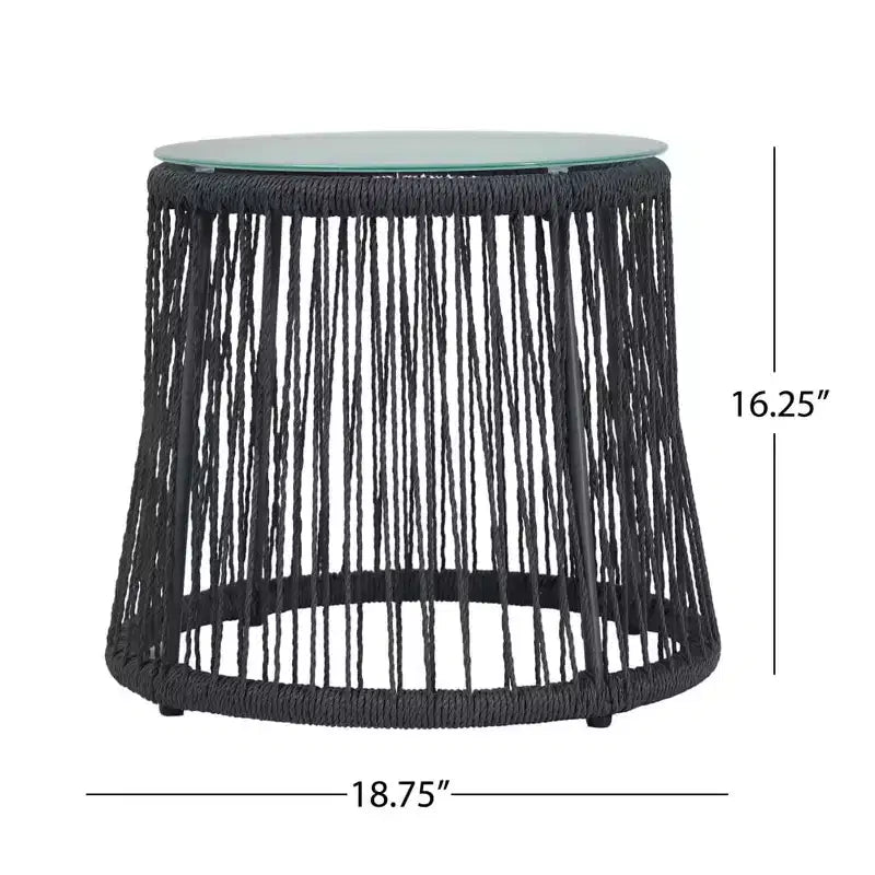 Table d'appoint en corde tressée avec plateau en verre trempé, petite table de chevet avec cadre en fer pour salon, patio, chambre