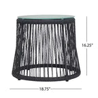 Table d'appoint en corde tressée avec plateau en verre trempé, petite table de chevet avec cadre en fer pour salon, patio, chambre