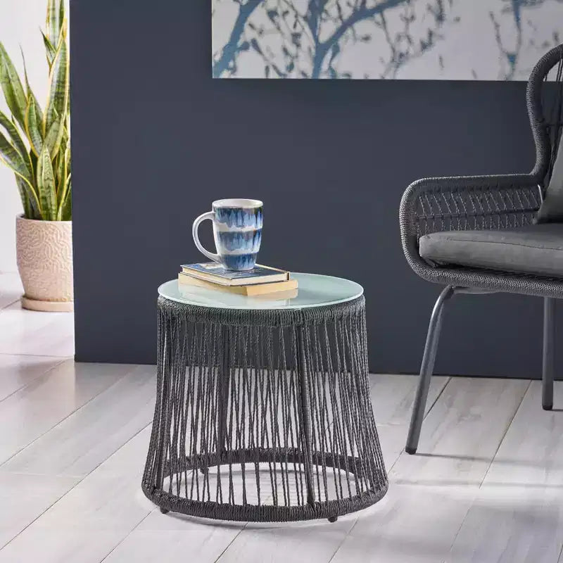 Table d'appoint en corde tressée avec plateau en verre trempé, petite table de chevet avec cadre en fer pour salon, patio, chambre