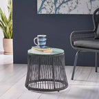 Table d'appoint en corde tressée avec plateau en verre trempé, petite table de chevet avec cadre en fer pour salon, patio, chambre