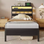 Twin Bed Frame with Charging Station LED Lights Storage Headboard Black Oak Wood Platform Bed Metal Slats Support No Box Spring Needed