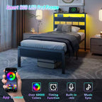 Cadre de lit double avec station de charge Lumières LED Tête de lit de rangement en chêne noir Base de lit à plateforme en bois Support à lattes métalliques Pas besoin de sommier tapissier