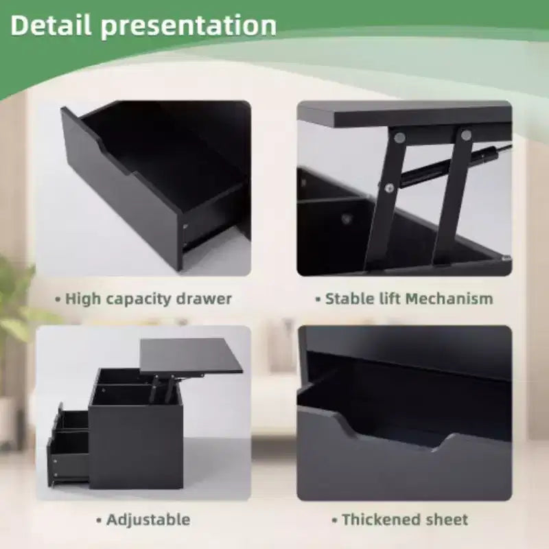 Table basse relevable avec compartiment de rangement caché, 2 tiroirs et 3 niveaux – Table basse pour salon, bureau à domicile ou salle de réception