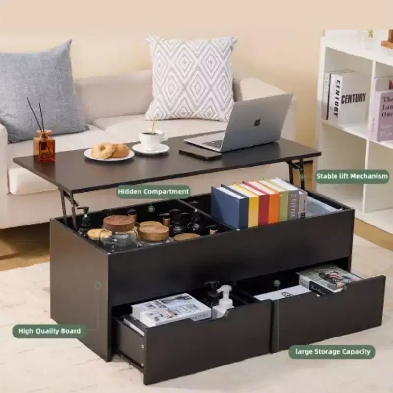 Table basse relevable avec compartiment de rangement caché, 2 tiroirs et 3 niveaux – Table basse pour salon, bureau à domicile ou salle de réception