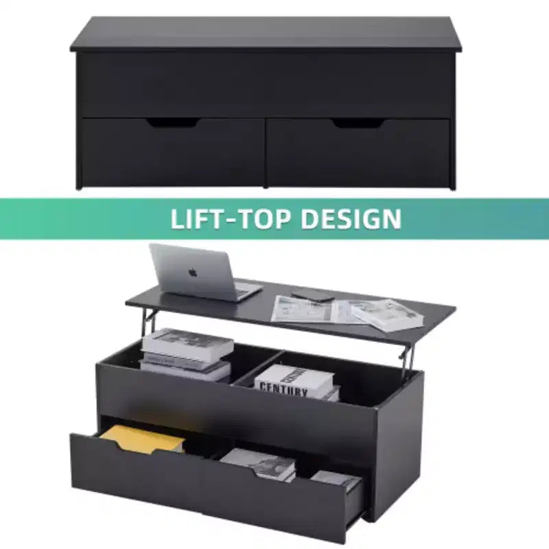 Table basse relevable avec compartiment de rangement caché, 2 tiroirs et 3 niveaux – Table basse pour salon, bureau à domicile ou salle de réception