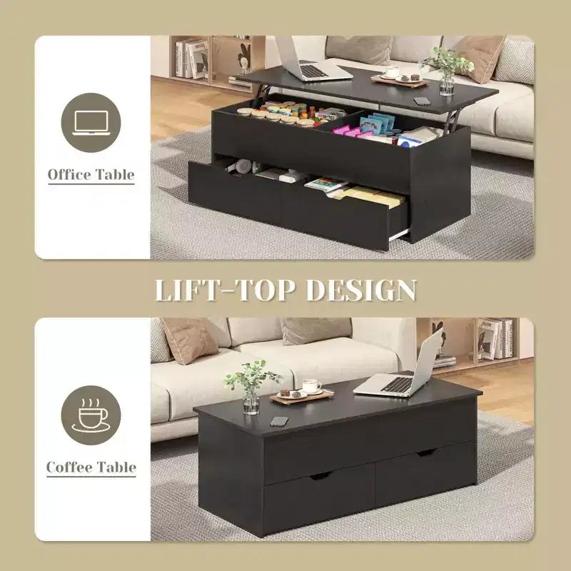 Table basse relevable avec compartiment de rangement caché, 2 tiroirs et 3 niveaux – Table basse pour salon, bureau à domicile ou salle de réception