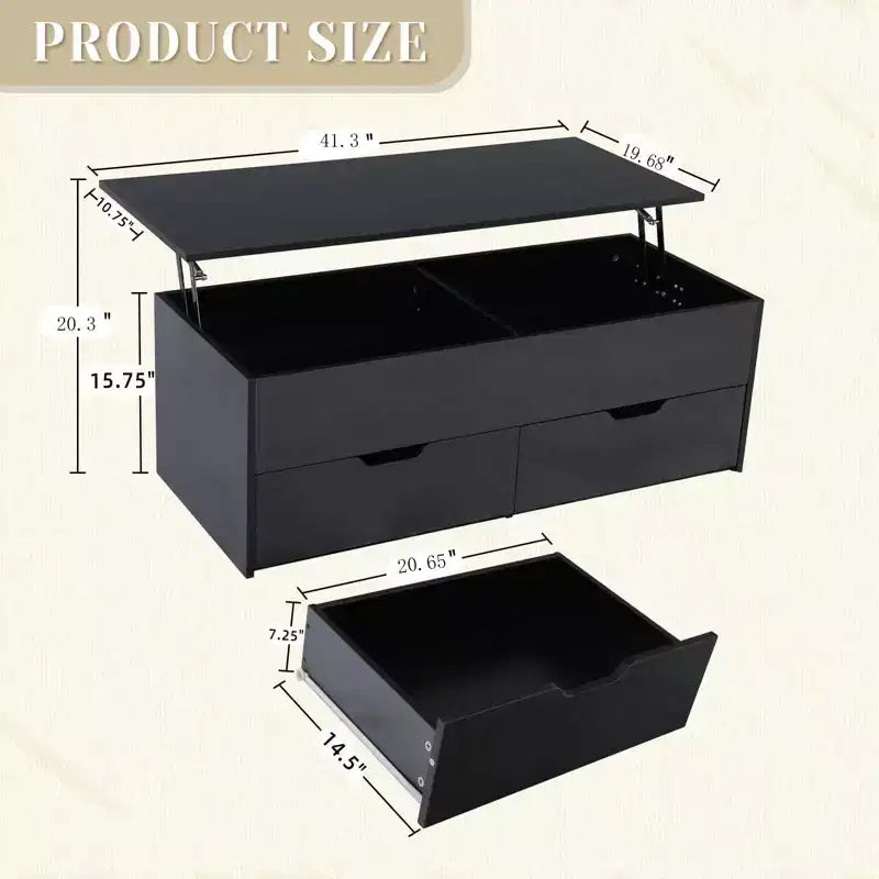 Table basse relevable avec compartiment de rangement caché, 2 tiroirs et 3 niveaux – Table basse pour salon, bureau à domicile ou salle de réception