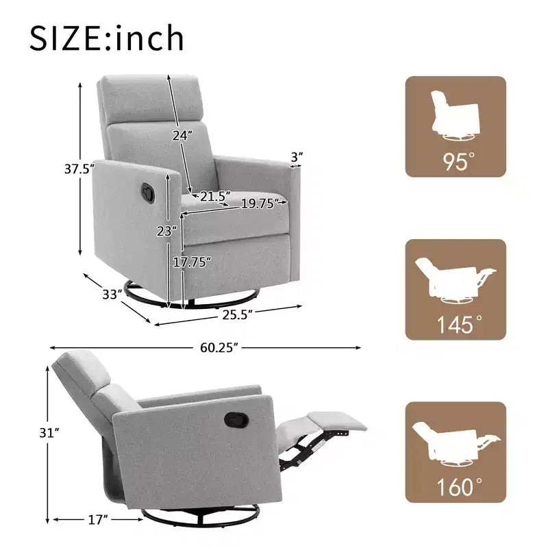 GDFStudio Peggy Fauteuil à bascule moderne rembourré pour chambre de bébé avec planeur pivotant moelleux et inclinaison réglable