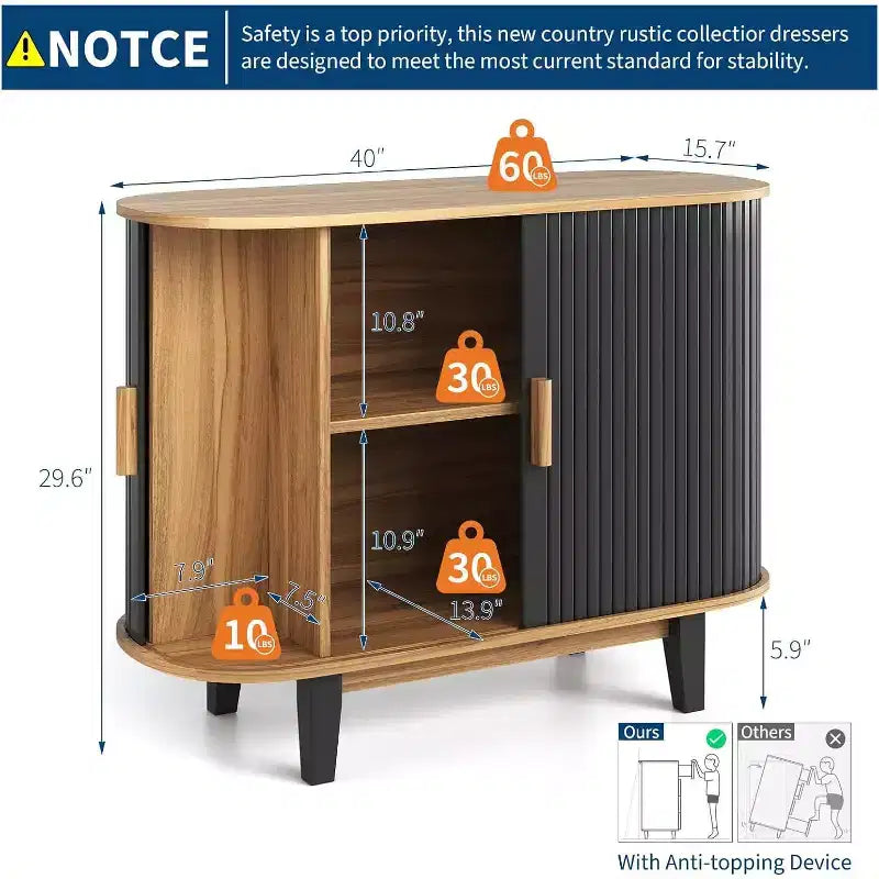 Buffet/Bahut cannelé de 101,6 cm, meuble de rangement avec porte coulissante et étagère réglable, pour salon, salle à manger, cuisine, couloir