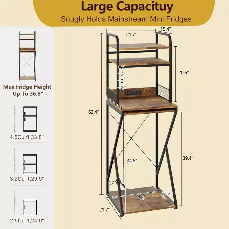 Mini étagère à 4 niveaux avec prise de courant et rangement, support pour mini-réfrigérateur, table pour four à micro-ondes, meuble de bar, pour cuisine, salon, bureau