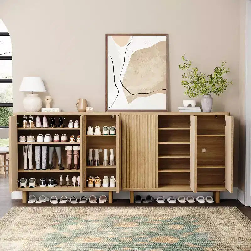 Meuble à chaussures avec porte cannelée, rangement à 5 niveaux avec 4 étagères réglables, banc à chaussures rustique pour couloir