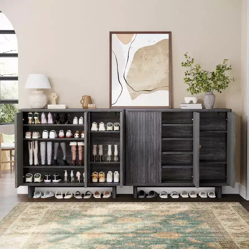 Meuble à chaussures avec porte cannelée, rangement à 5 niveaux avec 4 étagères réglables, banc à chaussures rustique pour couloir