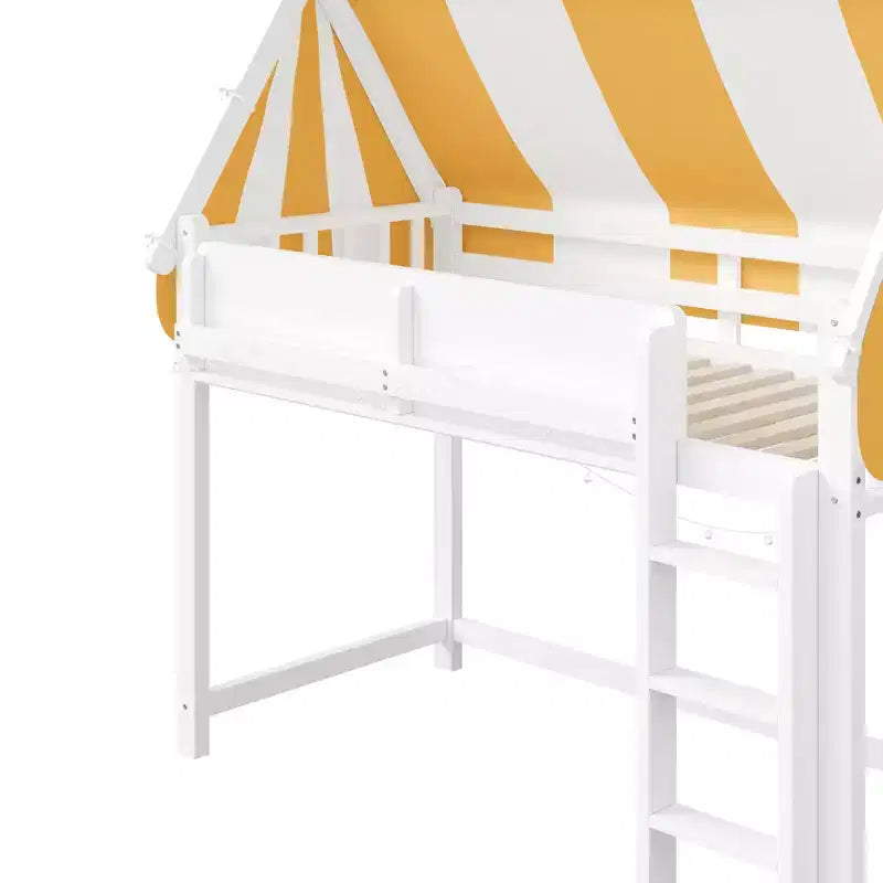 Lit mezzanine double/grand format avec baldaquin et toit, lit cabane en bois avec lumières LED et étagère à livres pour chambre de filles et de garçons