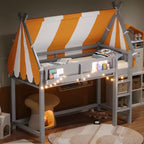 Lit mezzanine double/grand format avec baldaquin et toit, lit cabane en bois avec lumières LED et étagère à livres pour chambre de filles et de garçons