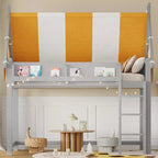Lit mezzanine double/grand format avec baldaquin et toit, lit cabane en bois avec lumières LED et étagère à livres pour chambre de filles et de garçons